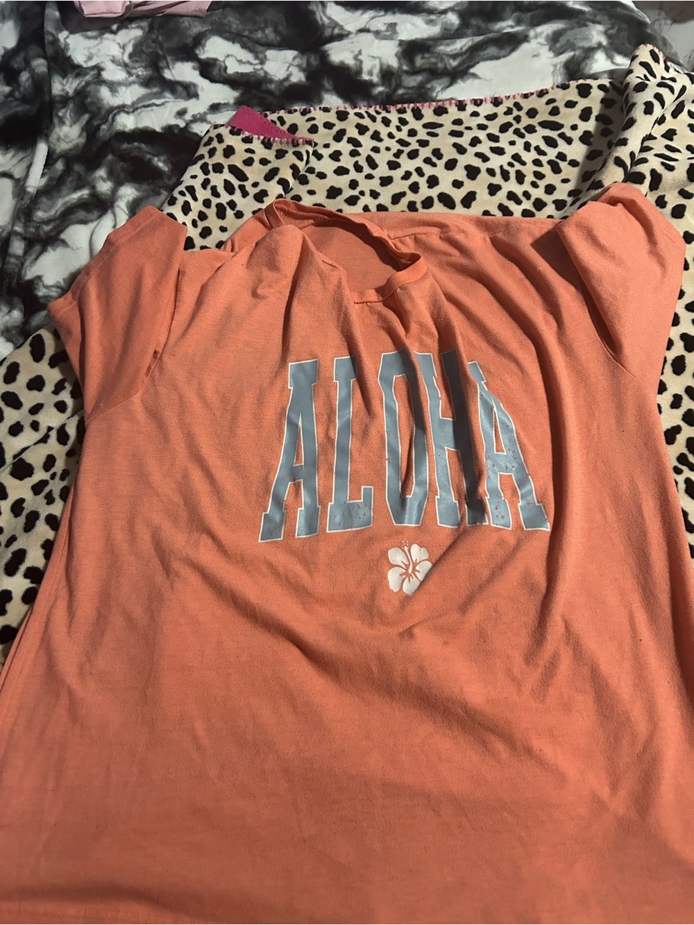 SHEIN Coral Orange 'ALOHA' Short Sleeve Tee